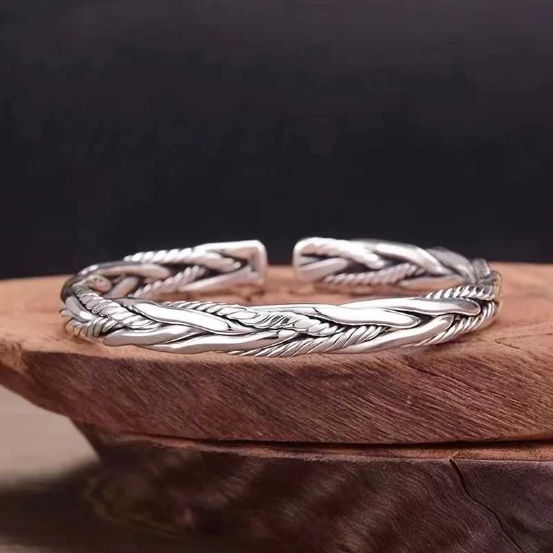 One European and American Antique Silver Bracelet Male and Female Personality Fried Dough Twists Opening Adjustable BraceletX240925