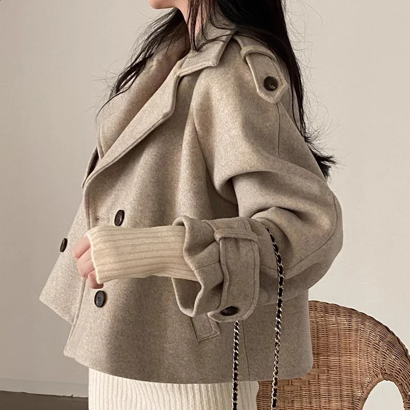 French retro collar wool jacket double chest pockets loose and versatile autumn coat winter chic top 240925