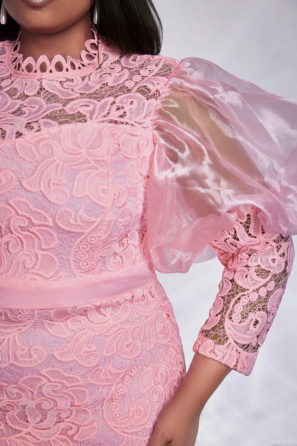Women Plus Size Formal Dress Pink Lace Puff Sleeve See-Through Midi Dress Elegant Sweet Wedding Guest Cocktail Bodycon Dresses M240924