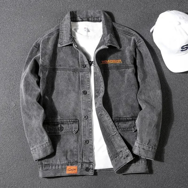Male Jean Coats Overcoat with Embroidery Mens Denim Jacket Gray Washed Lxury ed er Elatic in Big Size G Loose L 240924