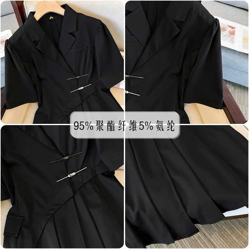 Plus Size 150Kg Womens Bust 147 Summer Loose Notched Short Sleeved Suit Pleated Dress Black Large 4XL 5XL 6XL 7XL 8XL 9XL M240924