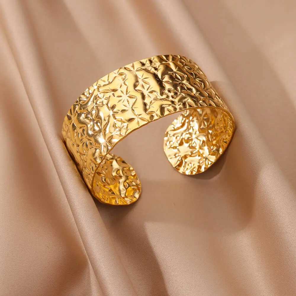 Stainl Steel Wide Bangles for Women Luxury Gold Color Open Chunky Cuff Bangle Bracelet femme Vintage Wedding Jewelry GiftXJ250109