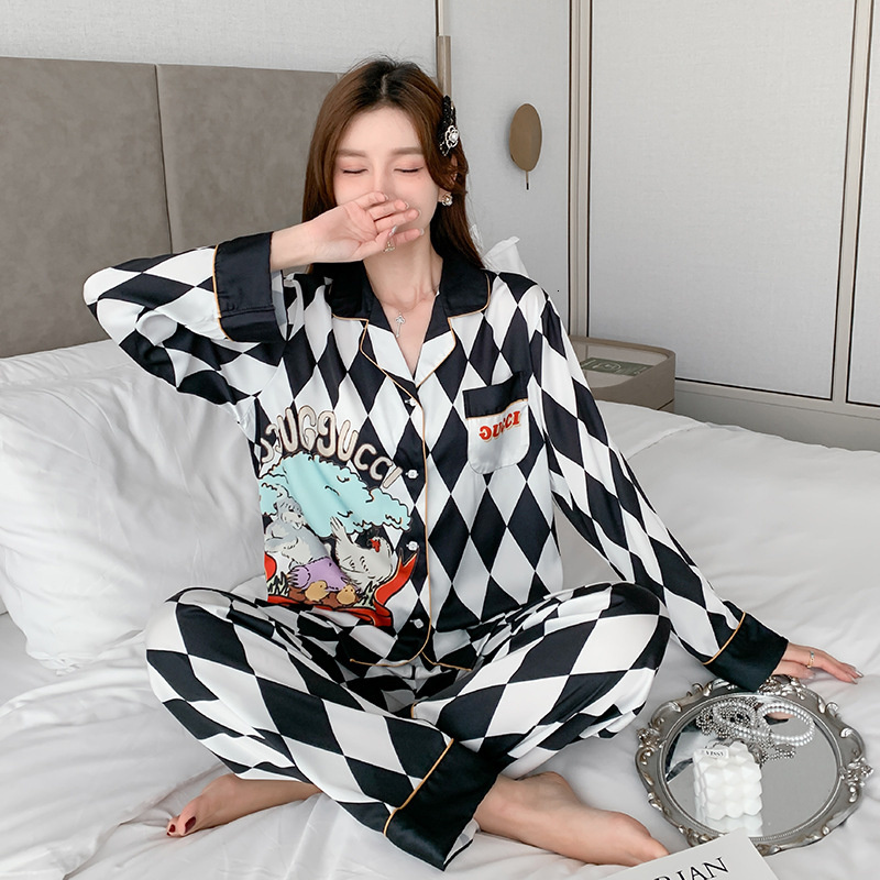 Black White Geometric Ice Silk Pamas, Women's Spring And Autumn Thin Cardigan, Long Sleeve Trousers Suit, High-grade Home