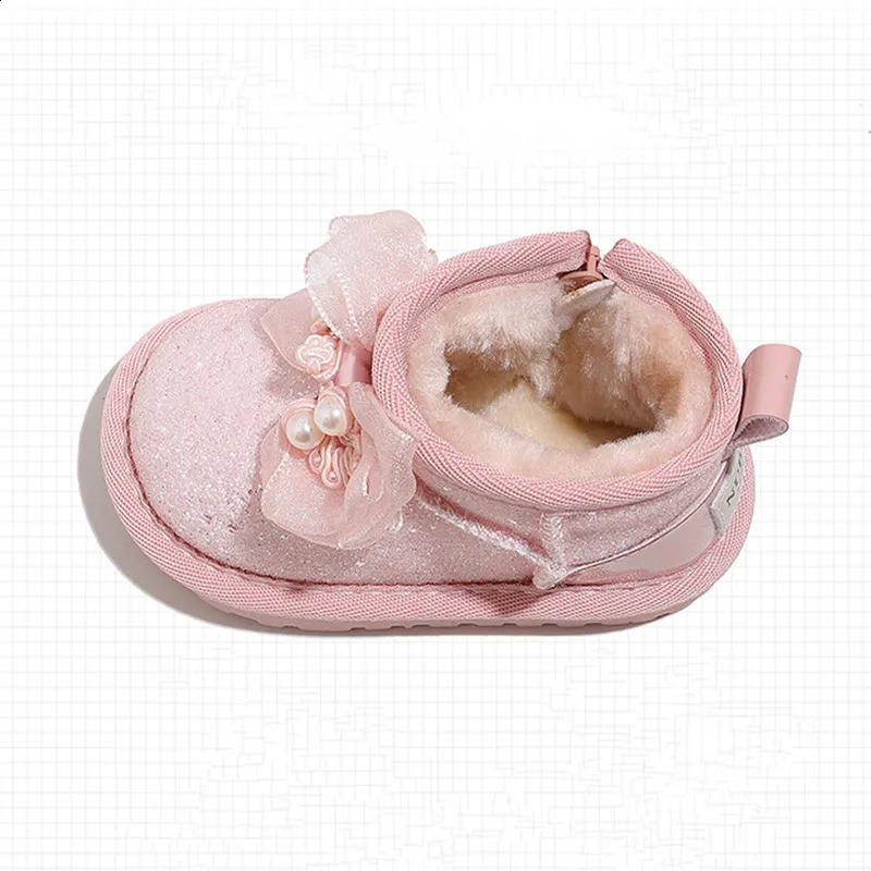 Winter Baby Snow Boots Suitable for Girls Sparkling Bow Warm Plush Childrens Shoes Fashionable Preschool EU 1625 240925
