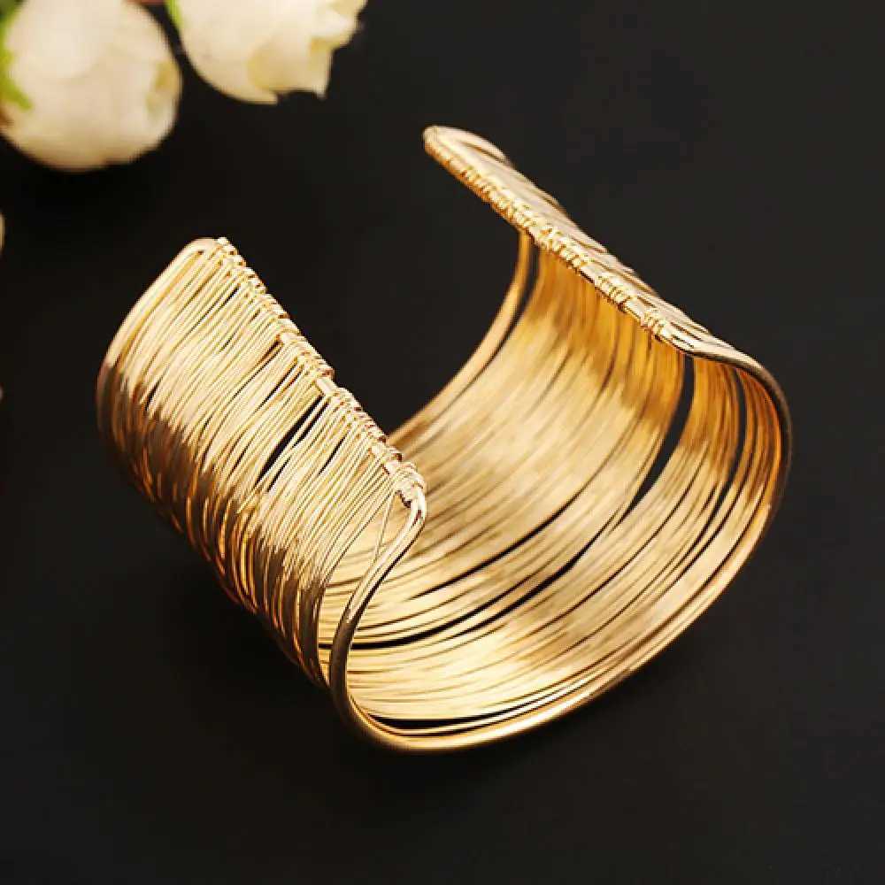 Fashion Gold Bangles Womens Multilayer Metal Wires Strings Open Bangle Wide Cuff Bracelet GiftX240925