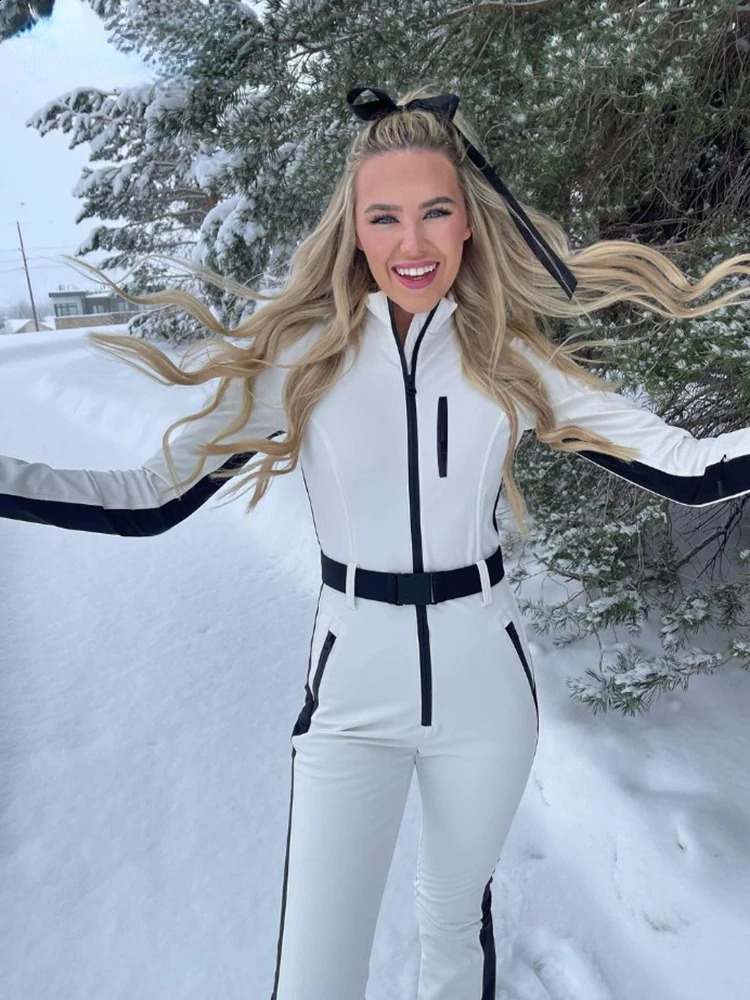 Winter patch work womens long sleeved waterproof and windproof skiing full set womens elegant skateboard jumping suit 240925