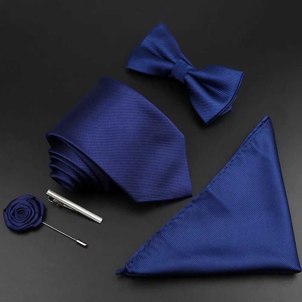 New Solid Color Silk Men Tie Set Polter Jacquard Woven Necktie Bowtie Suit Vintage Red Blue For Gro Business Wedding Party Y240925