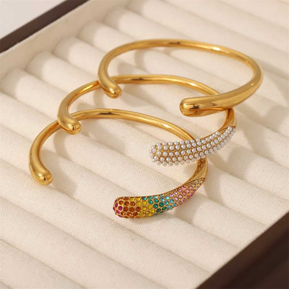 RAKOL Stainless Steel Cuff Open Bangles Womens Waterproof Metal Texture Glossy Gold Plated Tarnish Proof Bracelet Party JewelryX240925