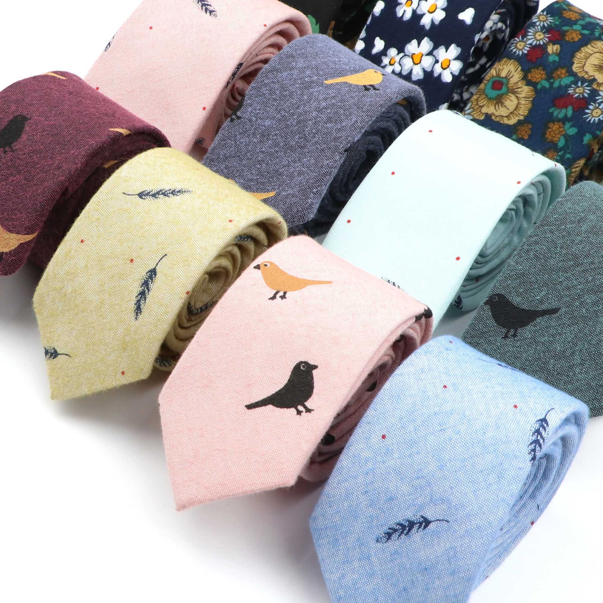Mens 6cm Classic Cotton Handmade Thin Neck Tie for Wedding Casual Collar Set Bird Flower Printed Collar Tie Gift Y240925