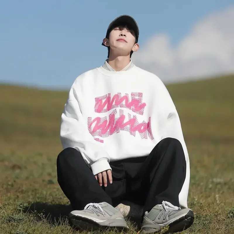 Korean style large size round neck printed pullover casual loose sweatshirt sports lazy style long-sleeved trendy brand top y2kX240925