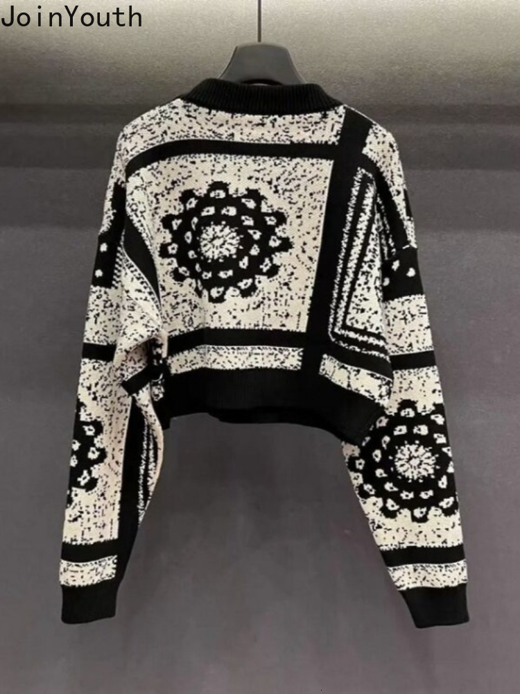 Temperament Sueter Mujer ral Fashion Cropped Pullovers for Women O-neck Long Sleeve Tunic Beading Jumper Vintage Knit Sweater