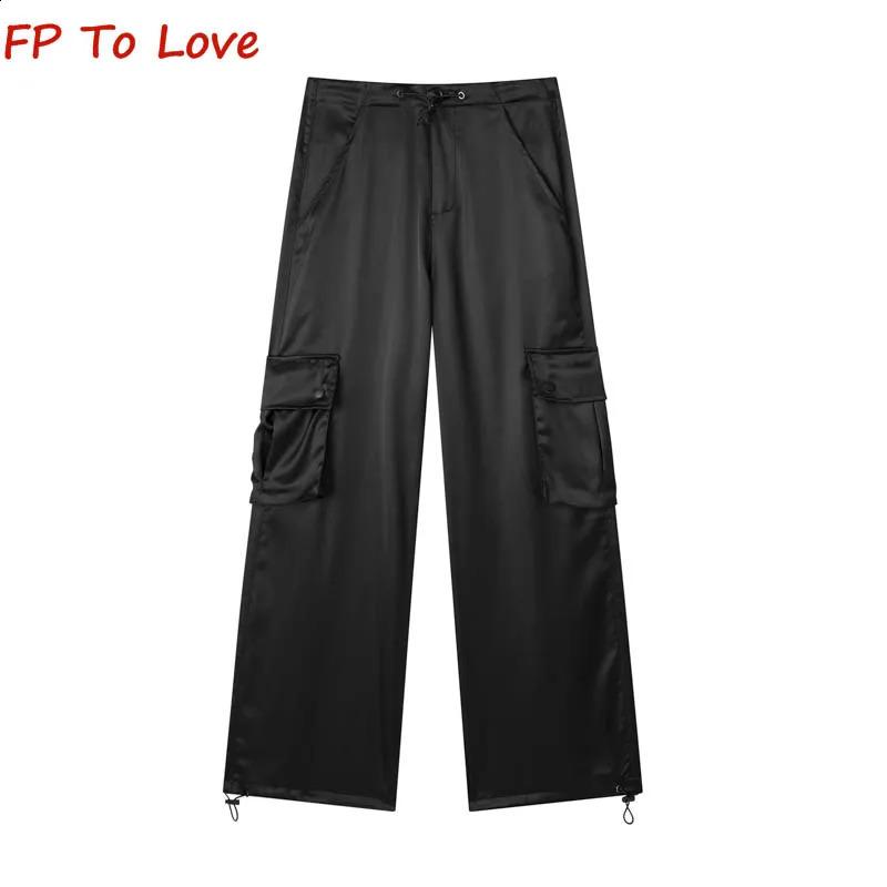 Y2K satin summer cargo pants pockets shiny elegant pants straight casual shirt pink white blog set fashionable 240925