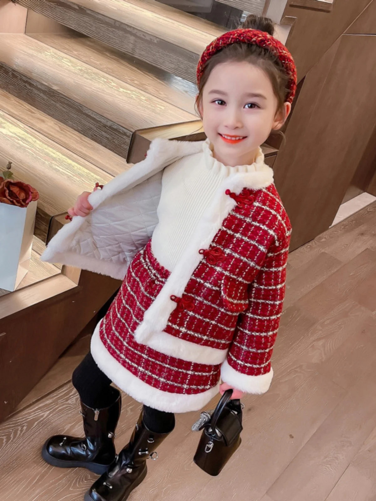Kids 2pcs Tweed Clothes Set Girls Fashion Spring Winter Children Plush JacketDress For 1-8 Years Elegant Sweet Outfit XMP594 240913