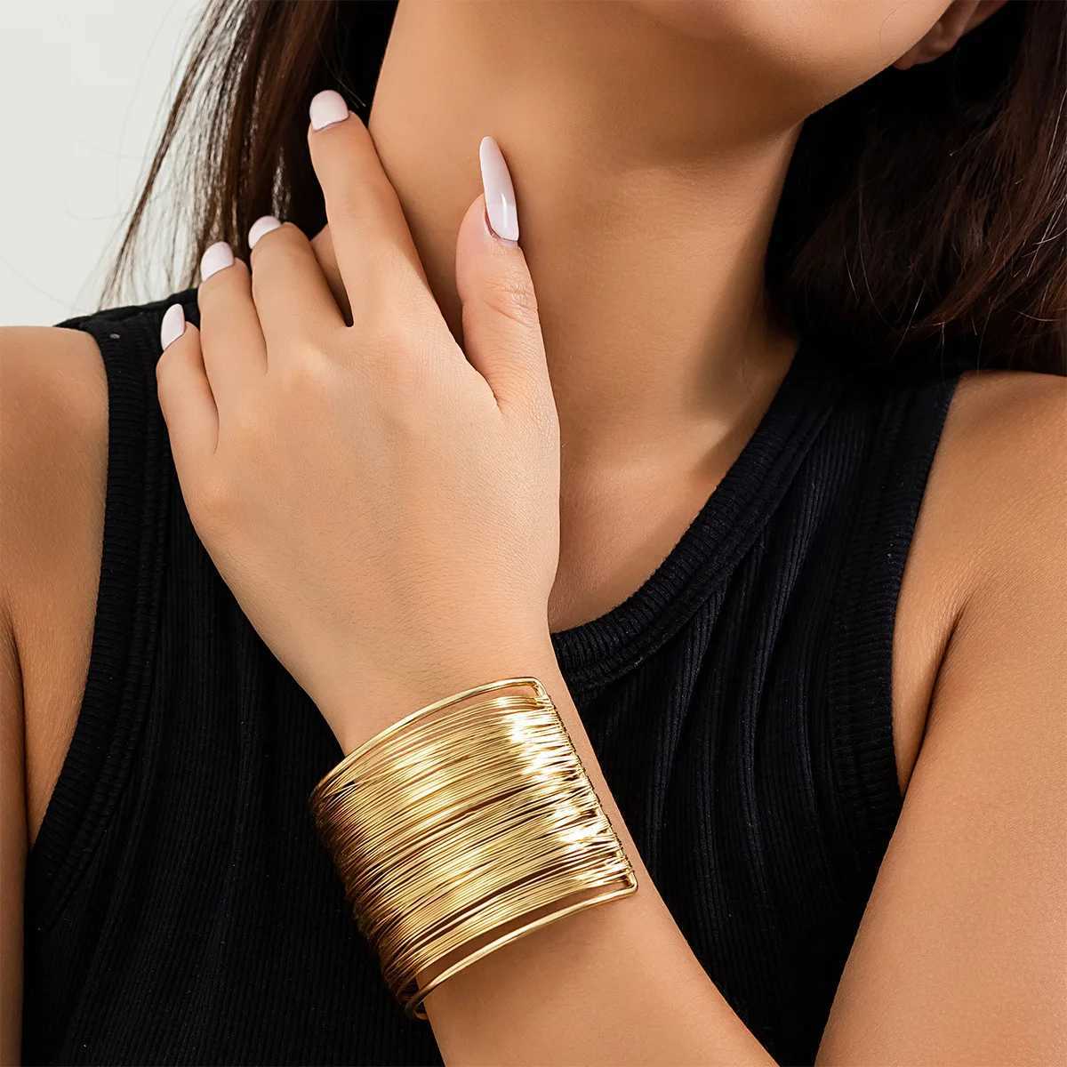 Fashion Womens Multilayer Metal Wires Strings Open Bangle Wide Cuff Bracelet Statement Jewelry Indian Bangles LuxuryX240925