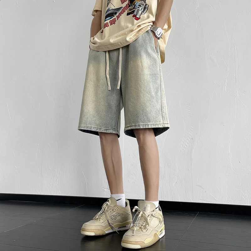 Summer mens denim shorts loose straight wide leg elastic waist pocket clothing 240925