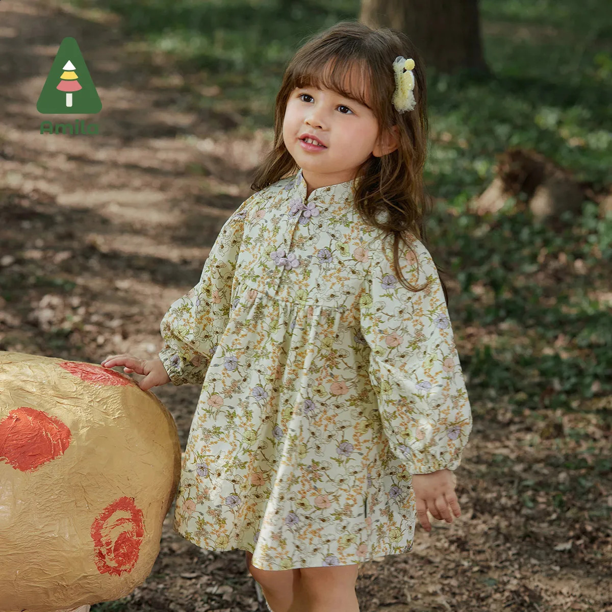 Amila Baby Girls Flowers Dress Spring Collection 100% Cotton Long Sleeve ALine Full Print Cute Childrens Clothing 240925