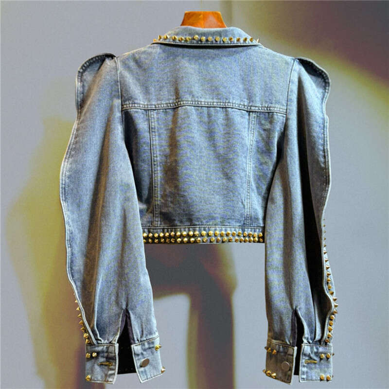 Women Light Blue Short Denim Fashion Bead Rivet Dia Irregular Single-Breasted Puff Sleeve Jeans Jacket Streetwear