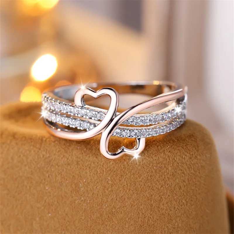 Two tone rose gold silver double heart-shaped ring suitable for women white zircon Ins Unlimited Wedding Band bridal engagement jewelry W240925