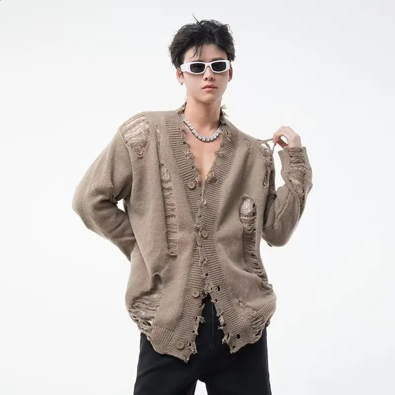 Y2K mens cardigan sweater Japanese Harajuku hole single chest sweater jacket fashionable V-neck streetwear couple high street knitted jacket 240924