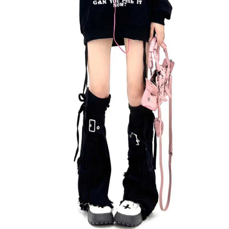 Other Fashion Accessories New Fashion Cool Thin Black Denim Leg Covers Vintage Drawstring Strap Punk Cross Design Horn Stacked Socks Womens Leg Warmer