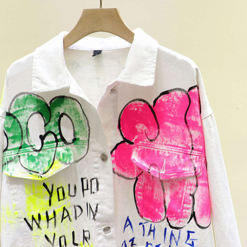 Streetwear Fashion Letter Graffiti Denim Jacket Coat Women Loose Mid Long White Cowboy Outerwear Big Pocket Jeans Jackets Female