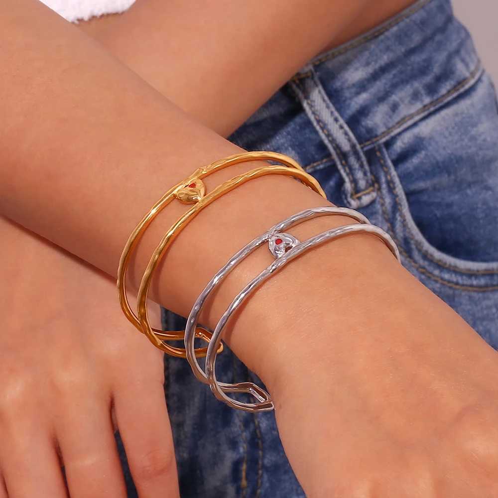E.B.belle Double Layer Hollow Red Enamel Heart Open Bracelet 18K Gold Plated Bracelet for Women 316L Stainless Steel JewelryX240925