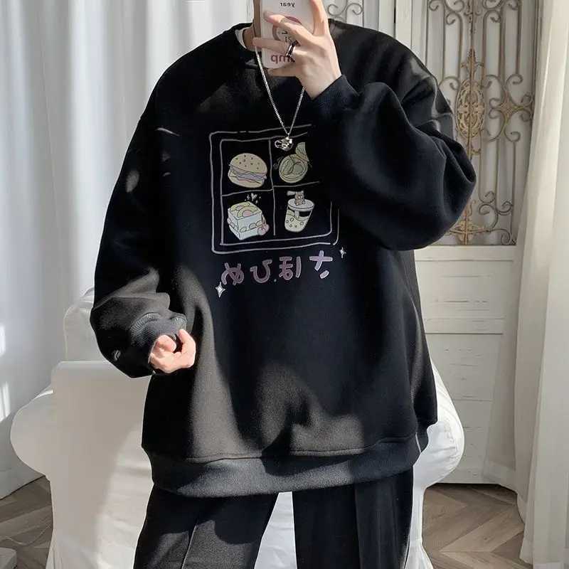 Pure cotton mens round neck sweatshirt new American vibe style advanced loose couple velvet thickened pullover women clothingX240925