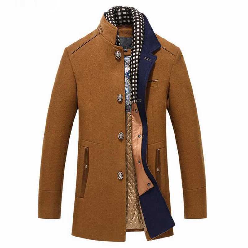 Winter Trench Coat Men Casual Thick Wool Overcoat Mens Stand Collar Woolen Coats With Detachable Scarf Parka Casaco Masculinos Y240924