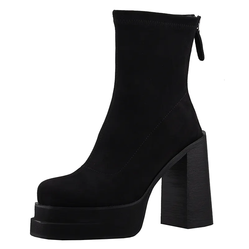 Fashion martin boots Mid Calf Black Boots for Women Trendy Punk Style Winter Platform Stripper Heels