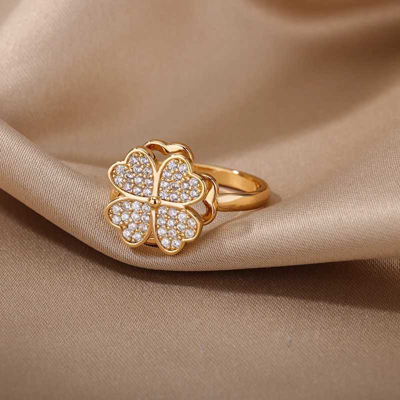 Four Trifolium Rotating Anxiety Rings Suitable for Women Adjustable Stainless Steel Wedding Ring 2024 New Aesthetic Jewelry Gift Anillos W240925