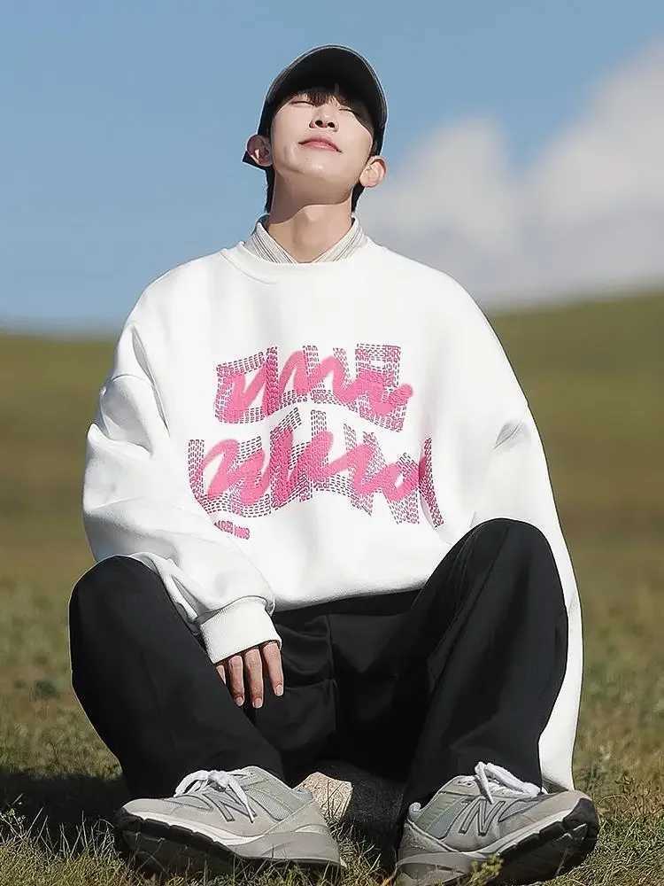 Korean style large size round neck printed pullover casual loose sweatshirt sports lazy style long-sleeved trendy brand top y2kX240925