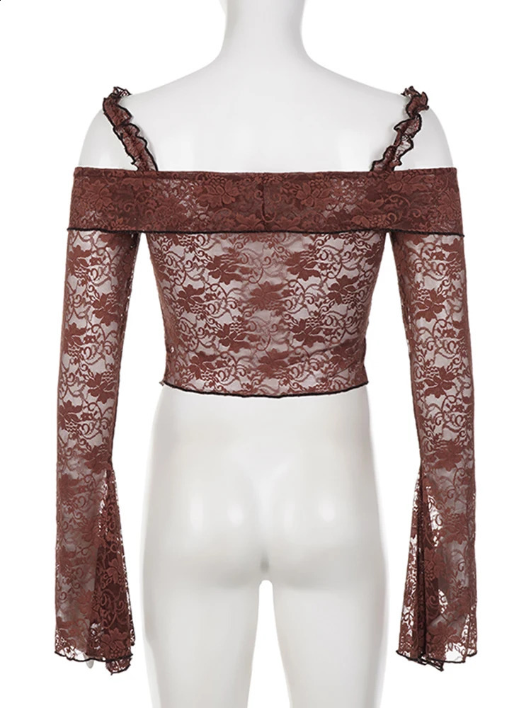 IAMSURE Vintage Solid Ruffles Lace Split T Shirt See Through Sexy Slim Slash Neck Long Butterfly Sleeve Tees Women Summer 240925