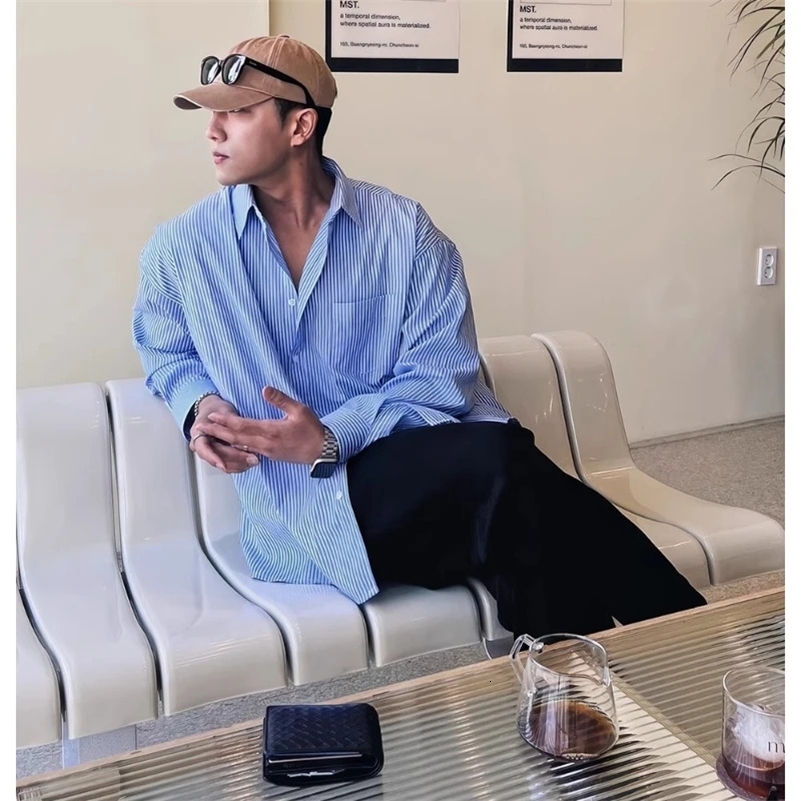 Unisex Oversized Striped Shirt Coat Mens Long Sleeve Casual Loose Fit Fashion Japanese Korean Style Sun Protection Clothing 240924