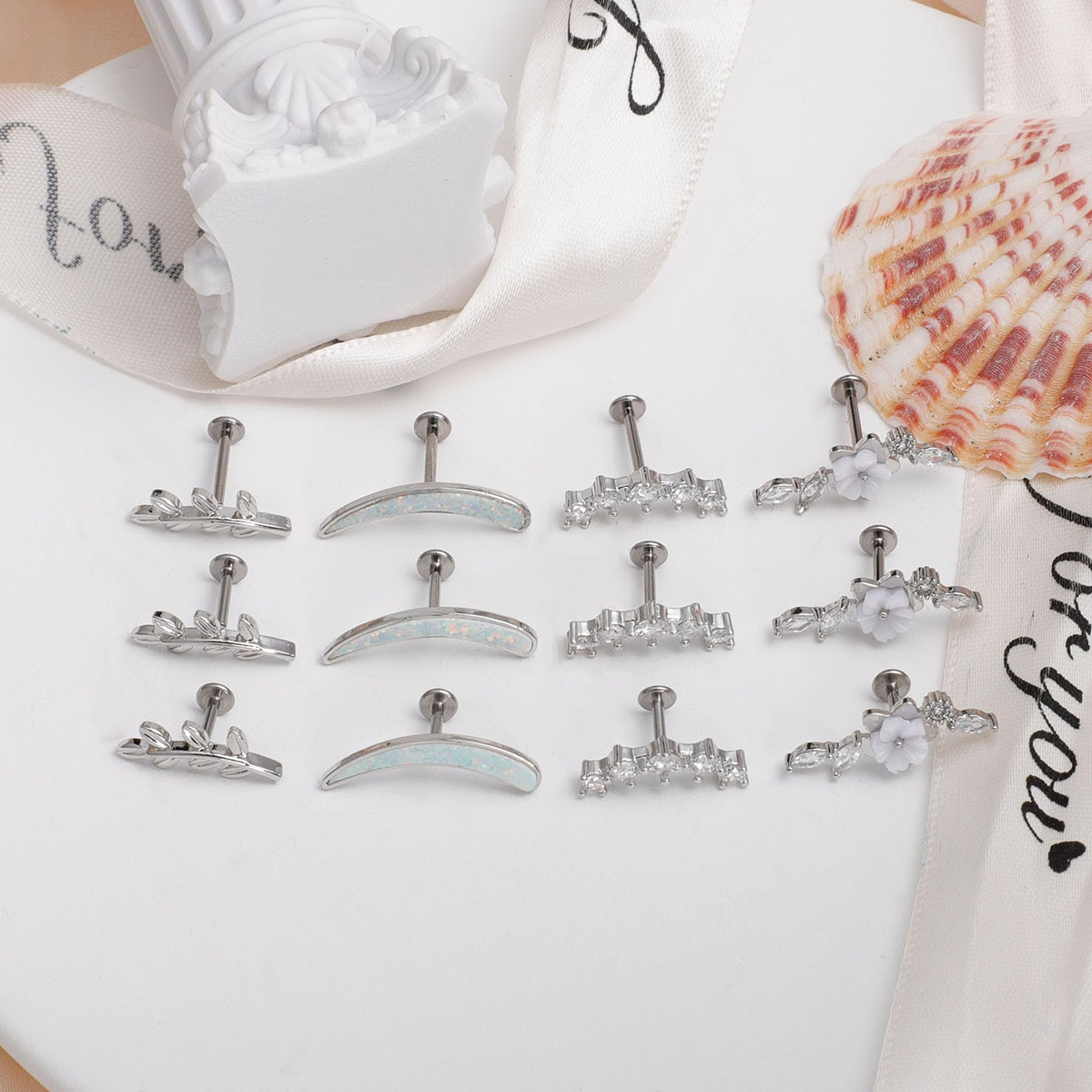 G23 Titanium Cartilage Earrings for Women 16G Pure Titanium Flat Back Stud for Sensitive Ear Cartilage Opal CZ Stud Earrings Internally Threaded Conch