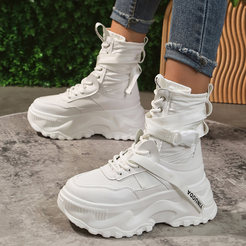 White Chunky Platform Motorcycle Women Buckle Lace Up Thick Bottom Ankle Boots Woman 2023 Autumn Fashion Vulcanized Shoes