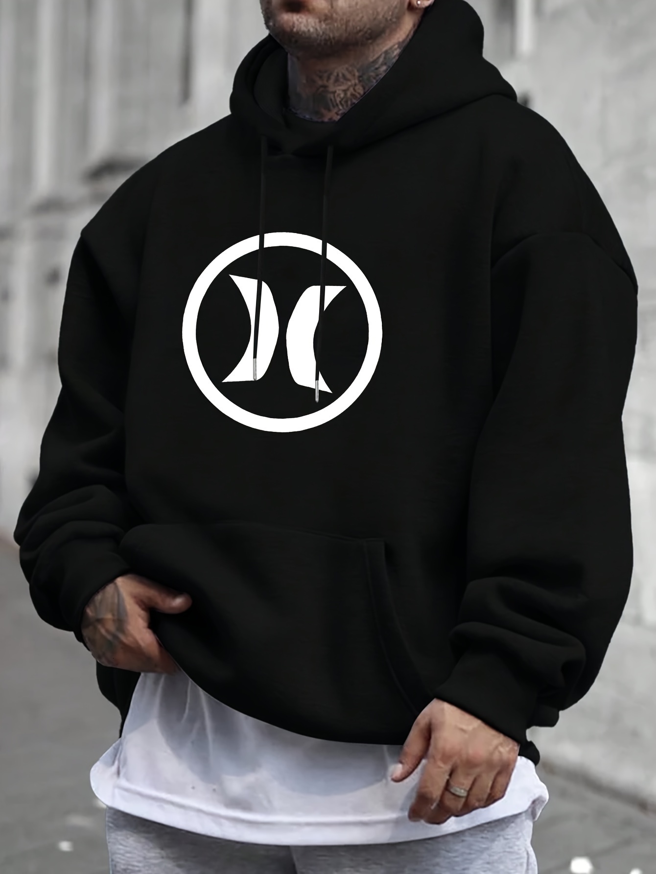 Symmetrical X Logo Print, 's Fashion Casual Hoodie With Drawstring And Kangaroo Pocket Design, Comfy Long Sleeves Pullover Hoodie, Autumn And Win
