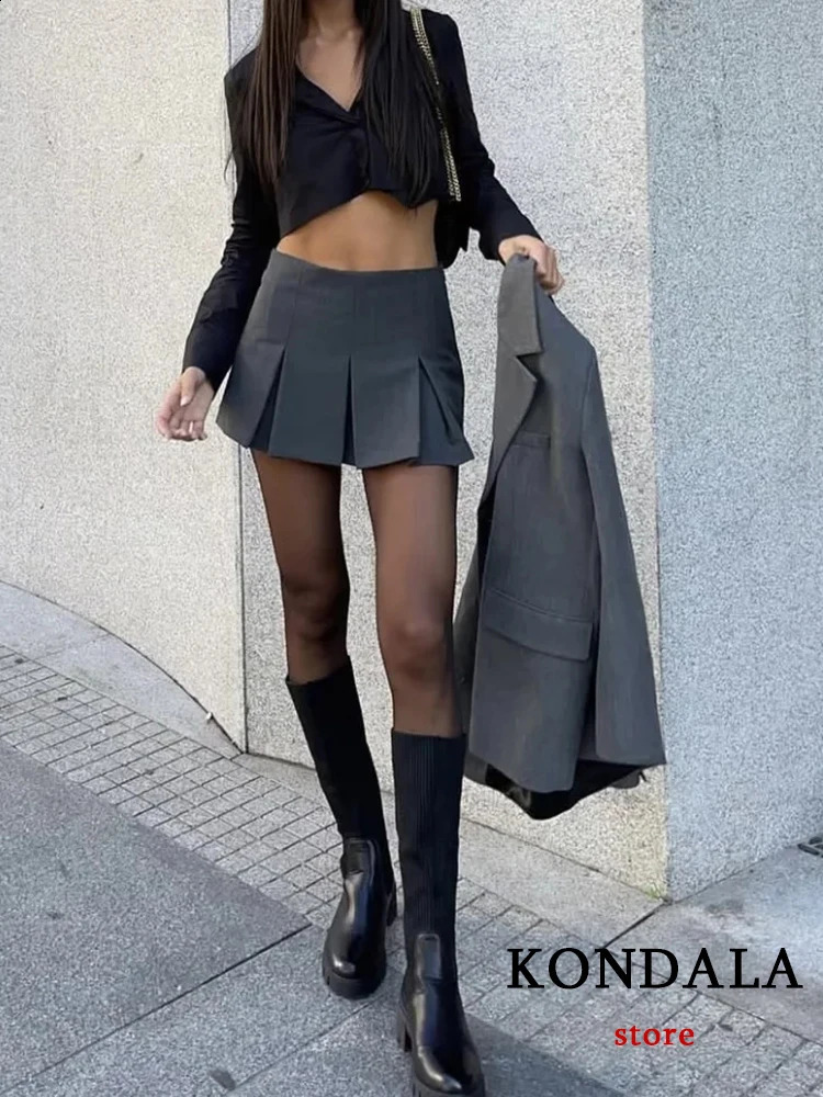 TRAFZA Vintage Dark Grey Mini Skirts Women Ruffles Pleated Sexy Shorts Skirts Female Fashion Streetwear Mujer Faldas 240914