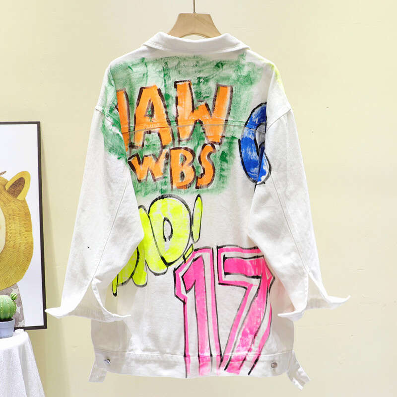 Streetwear Fashion Letter Graffiti Denim Jacket Coat Women Loose Mid Long White Cowboy Outerwear Big Pocket Jeans Jackets Female