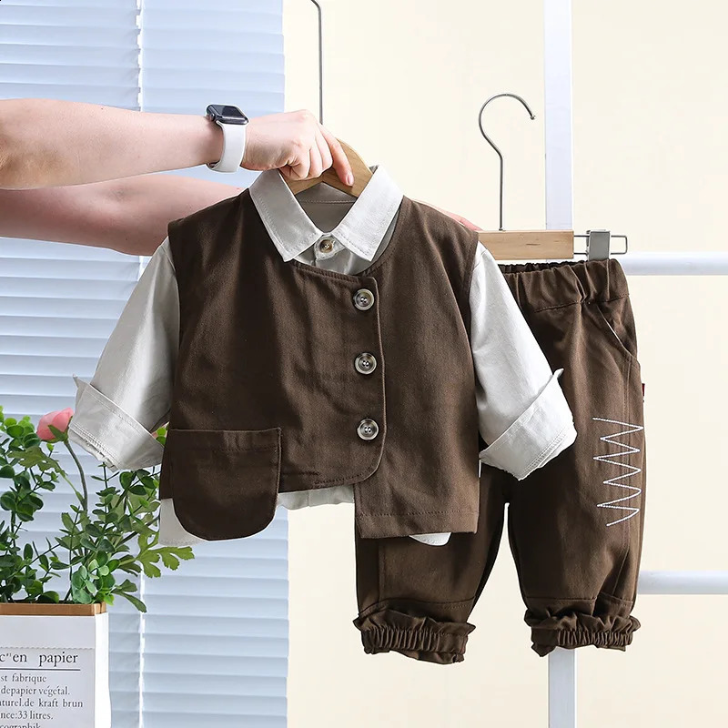 Autumn Preschool Boys 3pcs Clothing Set Pure Cotton Polo Shirt Pocket Tank Top Pure Cotton Pants Set Childrens Boys Set 240924