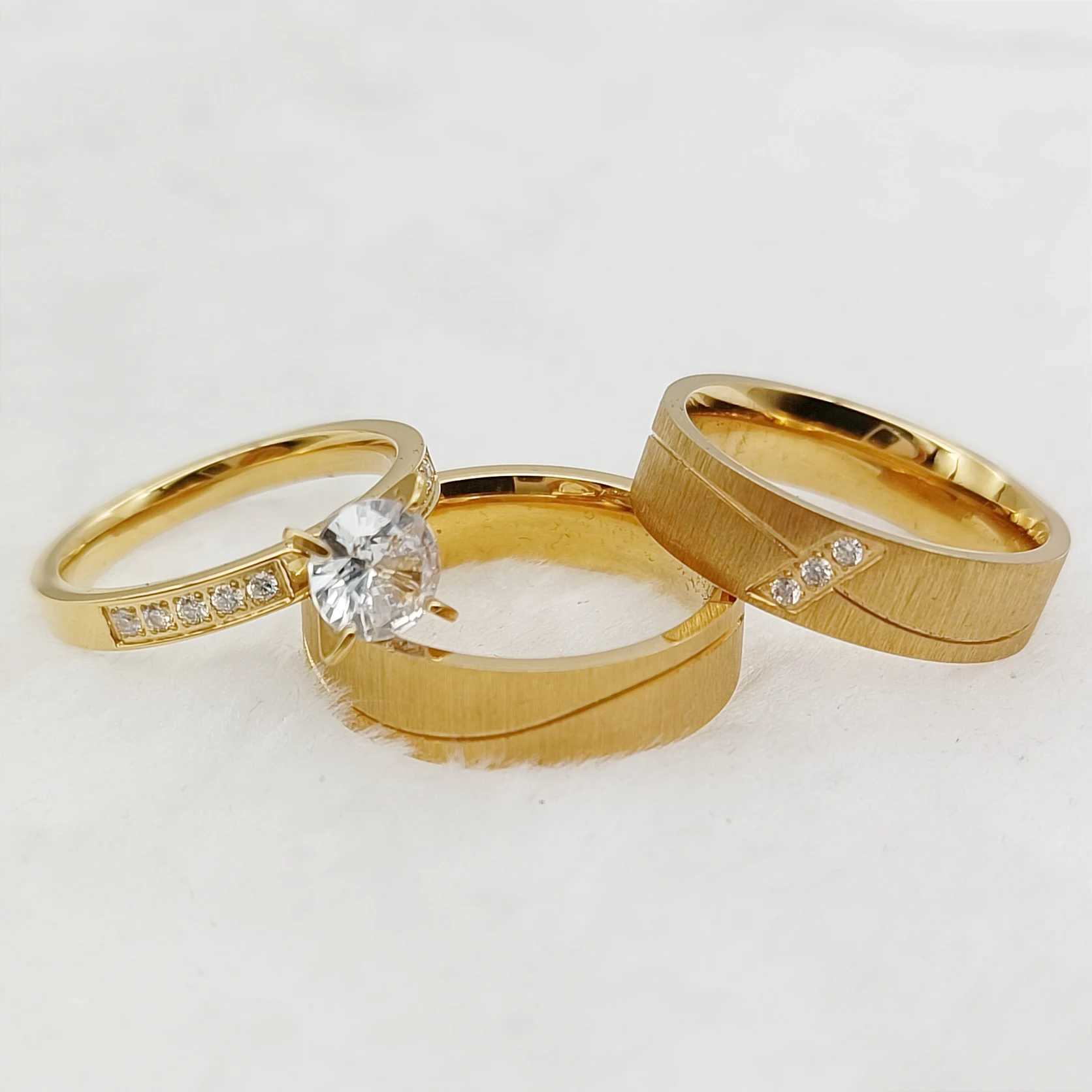 3-piece engagement ring set mens and womens 24k gold-plated jewelry wedding rings W240925