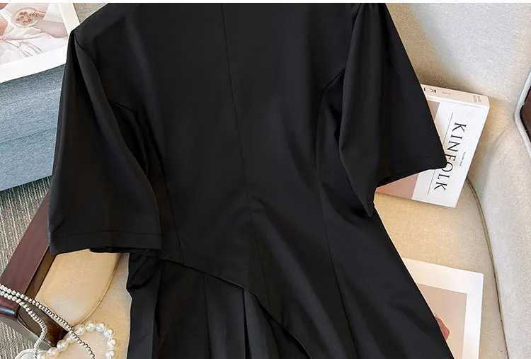 Plus Size 150Kg Womens Bust 147 Summer Loose Notched Short Sleeved Suit Pleated Dress Black Large 4XL 5XL 6XL 7XL 8XL 9XL M240924