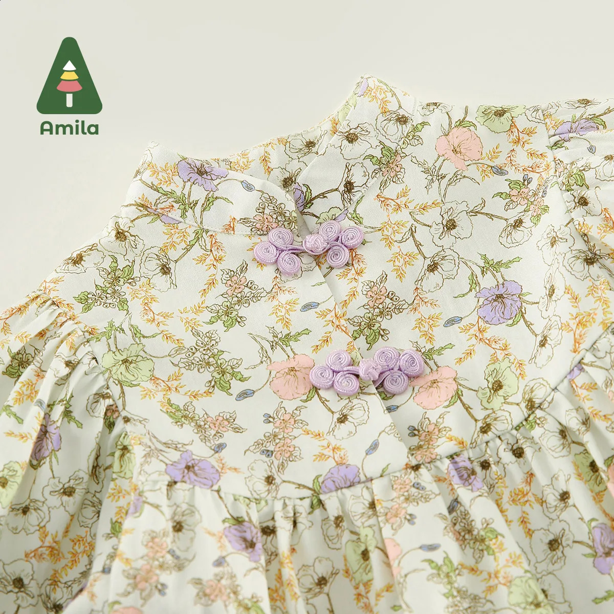 Amila Baby Girls Flowers Dress Spring Collection 100% Cotton Long Sleeve ALine Full Print Cute Childrens Clothing 240925