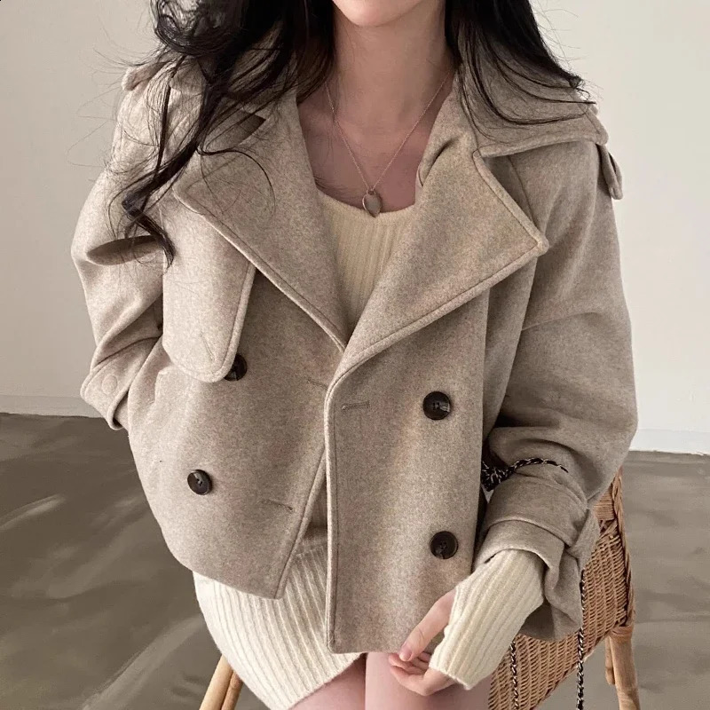 French retro collar wool jacket double chest pockets loose and versatile autumn coat winter chic top 240925