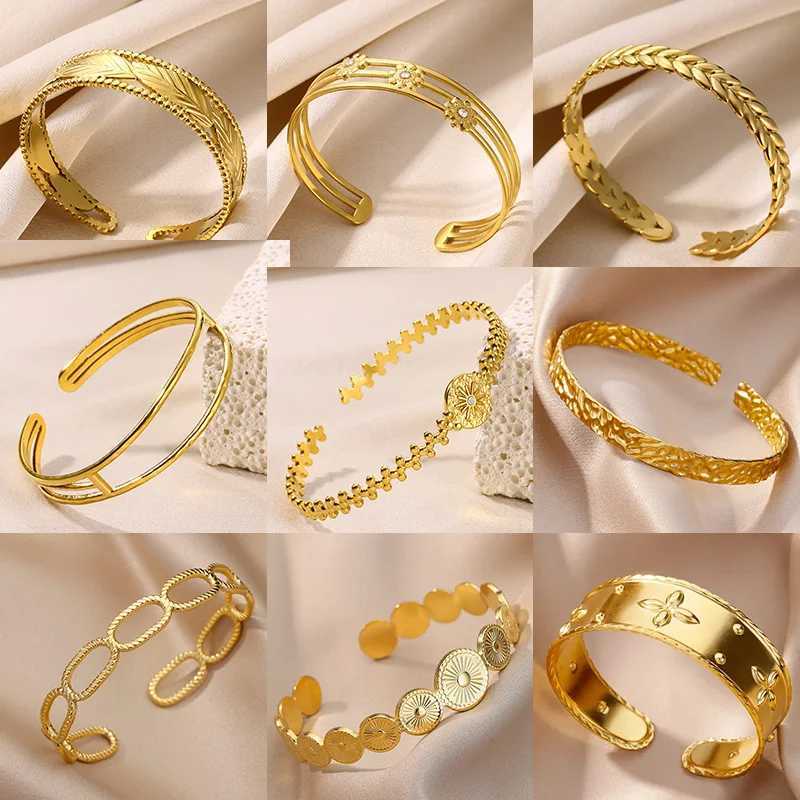 Fashion Leaf Wide Bracelet Gold Color Stainless Steel Open Geometric Bracelet Bohemian Jewelry GiftX240925