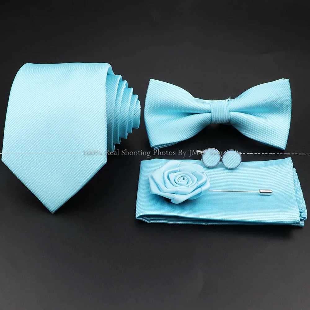 Hot S Red Blue Tie Set Polter Slim Striped Necktie Bowtie Cufflink Brooch For Gro Suit Wedding Cravat Shirt Accessory Y240925