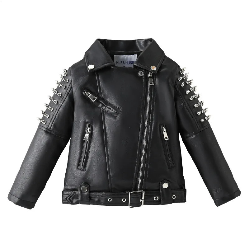 Spring Autumn Performance Motorcycle Black PU Coat Kids Rivet Childrens Leather Jackets For Girl Boys Zipper Clothes XMP19 240920