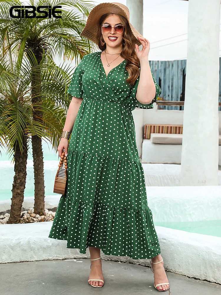 GIBSIE Plus Size Polka Dot V-Neck Butterfly Sleeve Dress Women Summer Holiday Beach Vintage Ruffle Hem Maxi Long Dresses M240924