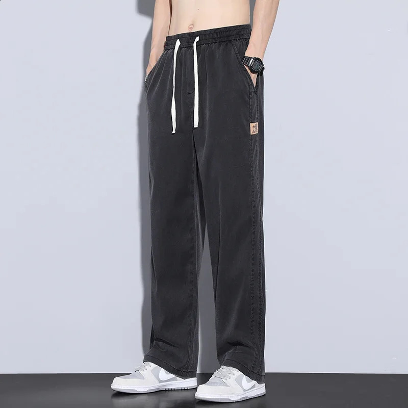Summer Ultra Thin Lyocell Mens Loose Jeans Elastic Straight Pull Wide Leg Casual Denim Pants 240925