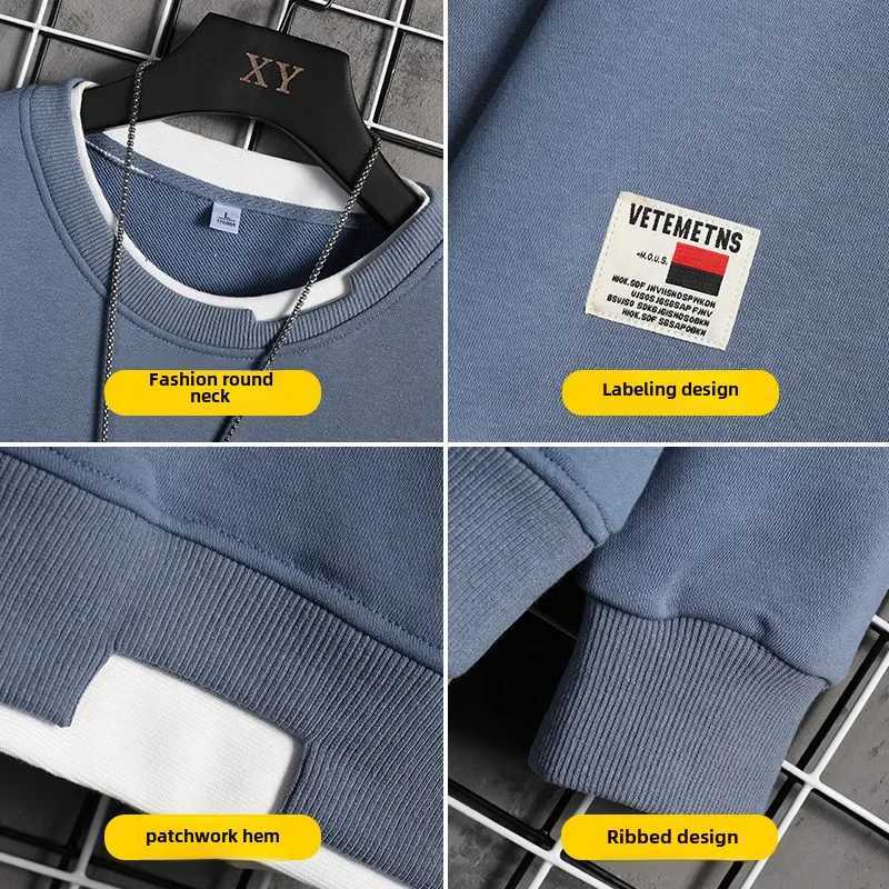 Mens Autumn Winter New Trendy Round Neck Pullover Sweatshirt Long Sleeves Casual Loose Fit Two-piece Illusion TopX240925