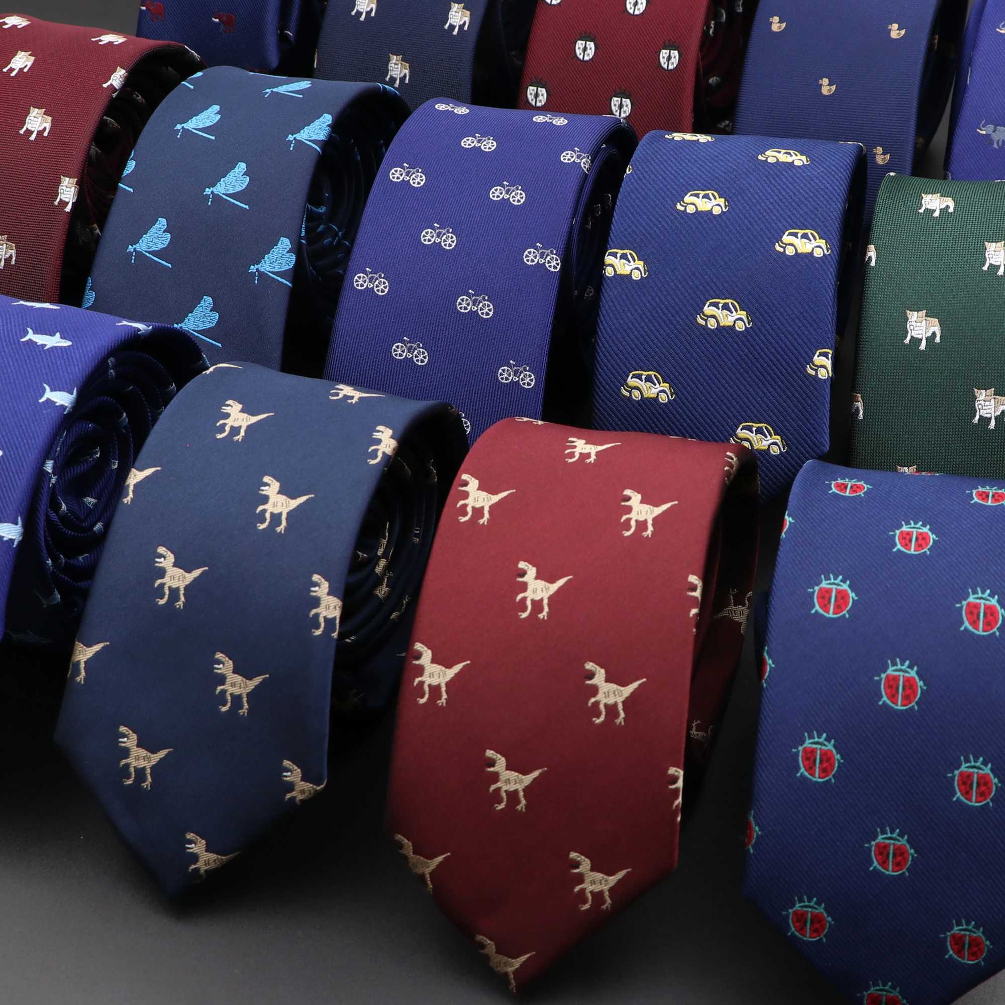 New mens casual tie dinosaur insect pet pattern navy blue wine red pol jacquard tie 6cm ultra-thin daily clothing wedding accessories Y240925